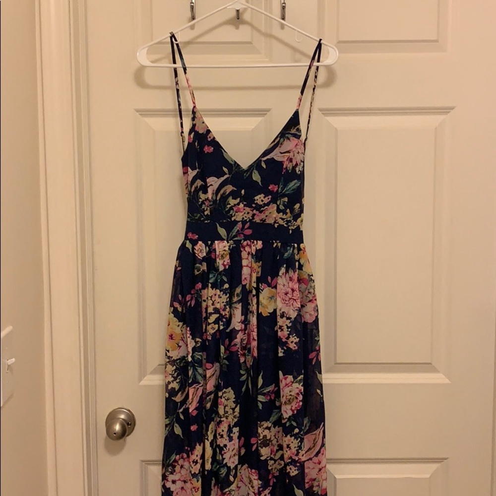 Navy floral open back maxi